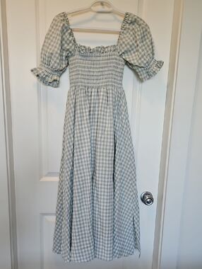 Smocked Gingham Midi Dress in Light Sage 100% Cotton Small